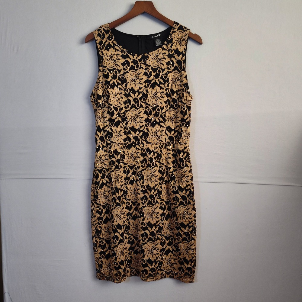 Candalite Gold‎ Black Floral Lace Sequin Sleeveless Sheath Dress Large